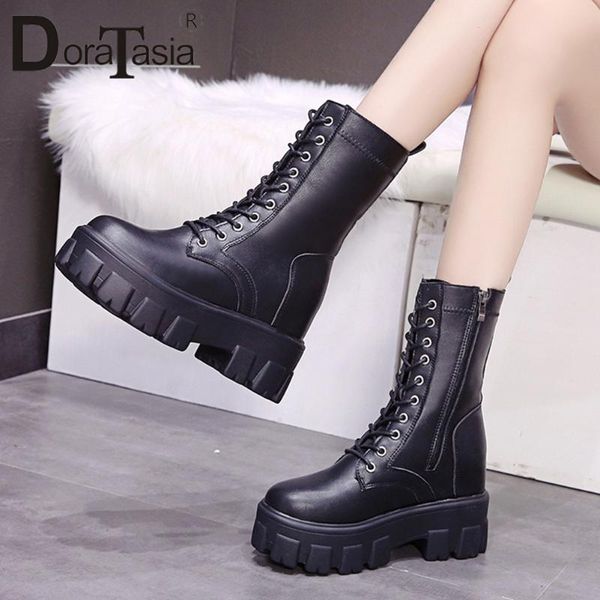 

doratasia brand new ladies chunky heels boots 2020 casual party office boots women fashion zip cross tied ankle shoes woman, Black