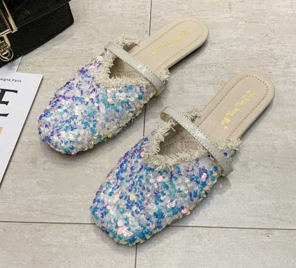 

women slippers round toe crystal flip flops female half slipper lady outside wear slides woman slipper, Black