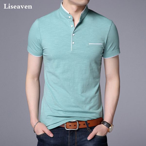 

liseaven men mandarin collar t-shirt basic tshirt male short sleeve shirt brand new &tees cotton t shirt, White;black