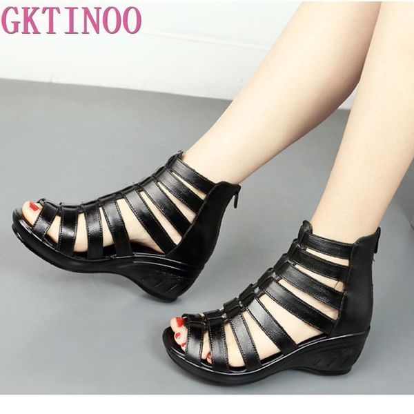

gktinoo 2020 summer genuine leather gladiator sandals women 5.5cm high heels classic black peep toe hollow ladies sandals wedges y200702