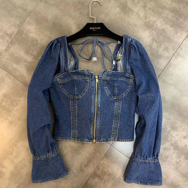 

2019 early autumn new square collar speaker long-sleeved zipper decorative washed denim short coat, Black;brown