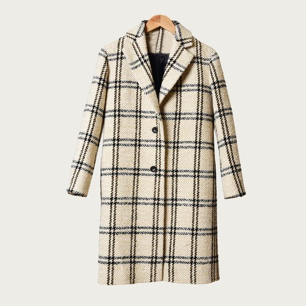 

2020 spring long sleeve notched-lapel plaid print woolen knitted buttons mid-calf coat women fashion long outwear coats d1226272, Black