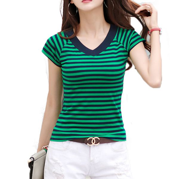 

women designer shirt women 2019 summer women cotton woman t shirts for striped casual t shirt slim v neck tee, White