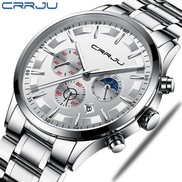 

crrju fashion business quartz watches men sports analog chronograph full steel waterproof watches men clock relogio masculino, Slivery;brown