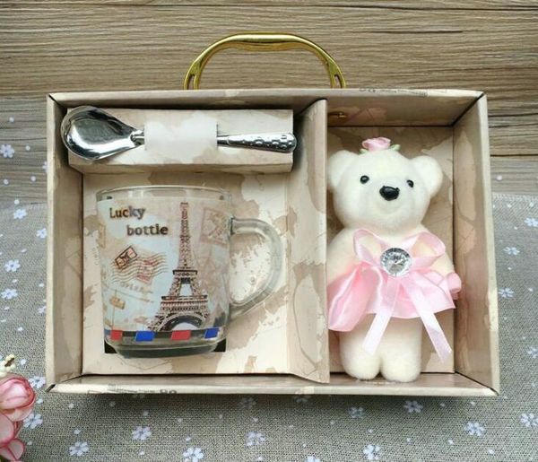 

glass mug set with spoon and cute bear coffee milk mug suitcase shape packaging box creative gift