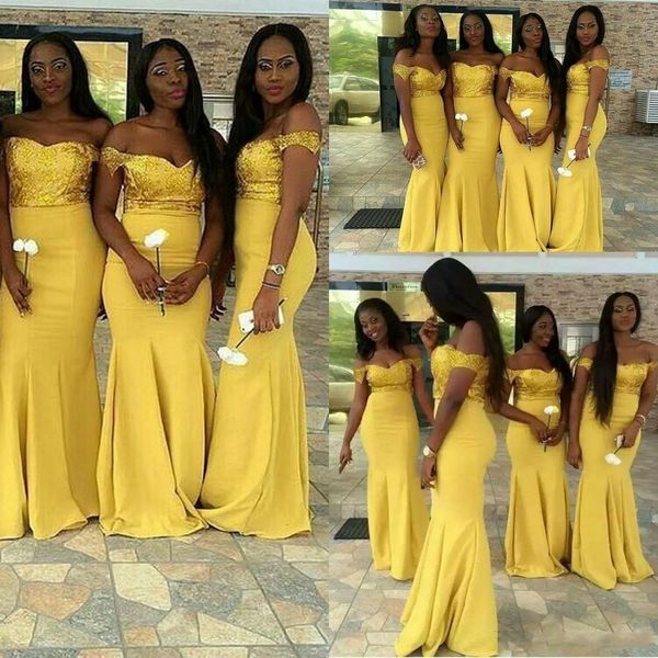

elegant off shoulder yellow bridesmaid dresses gold sequins black girls mermaid wedding guest gown floor length prom dress ba4205, White;pink