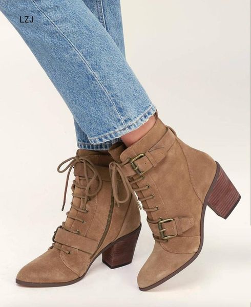 

lzj 2019 new ankle boot for women peep toe lace-up cross-tied heel pumps roman women boota sandals brown black zapatos de mujer