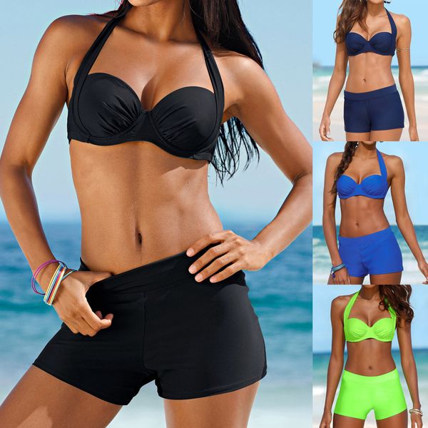 

women solid bandage halter solid color black blue green two pieces bikini set shorts swimsuit swimwear beach bathing suit summer