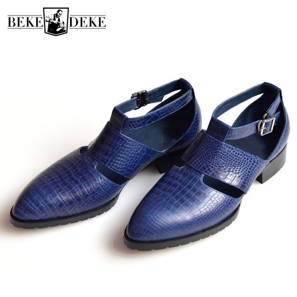 

fashion mens hollow out pointed toe sandals buckle genuine leather sandals block heels shoes men rome gladiator leather shoes, Black