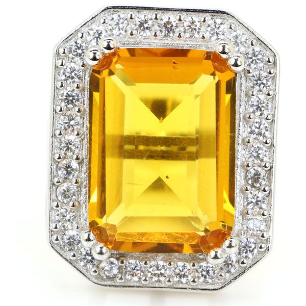 

us sz 8.0# 9.2g real 925 solid sterling silver shetype golden citrine natural white cz ladies ring 25x20mm, Golden;silver