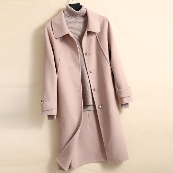 

зимние женские пальто 2020 новое корейское пальто высокого класса 100% чистая шерсть пальто ручной работы двуликий длинный шерстяной женский, Black