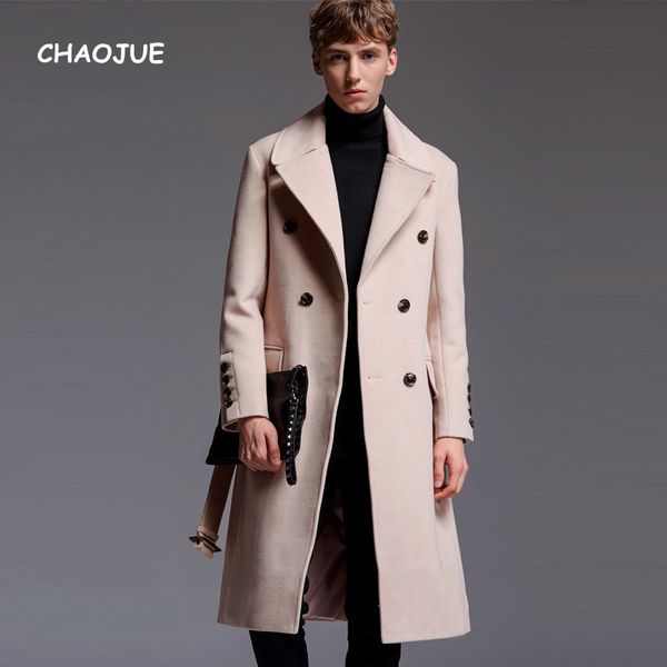 

chaojue brand mens extra long woolen coat 2018 autumn/winter england artifical cashmere over coat business causal beige outwear, Black