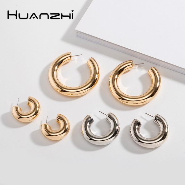 

huanzhi 2020 new minimalist gold sliver metal large circle geometric round c shape hoop earrings for women girls jewelry, Golden;silver