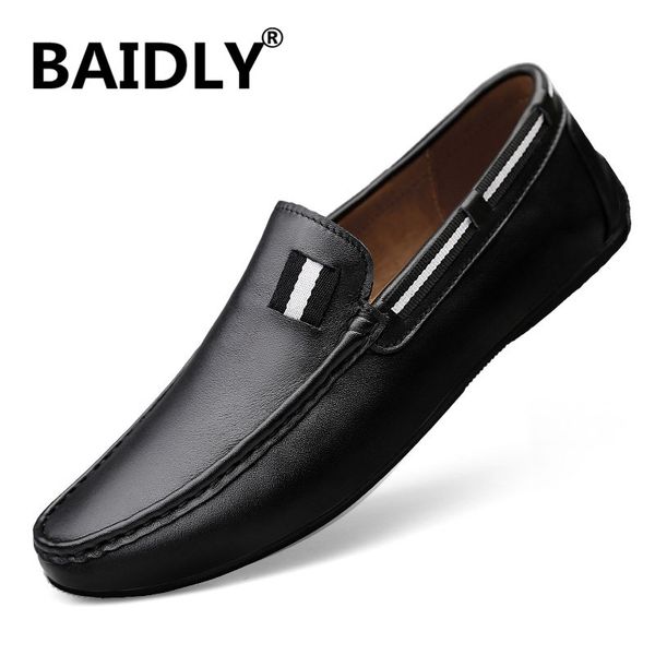 

new men genuine leather shoes fashion male leather shoes casual men slip on loafers summer moccains zapatillas hombre, Black
