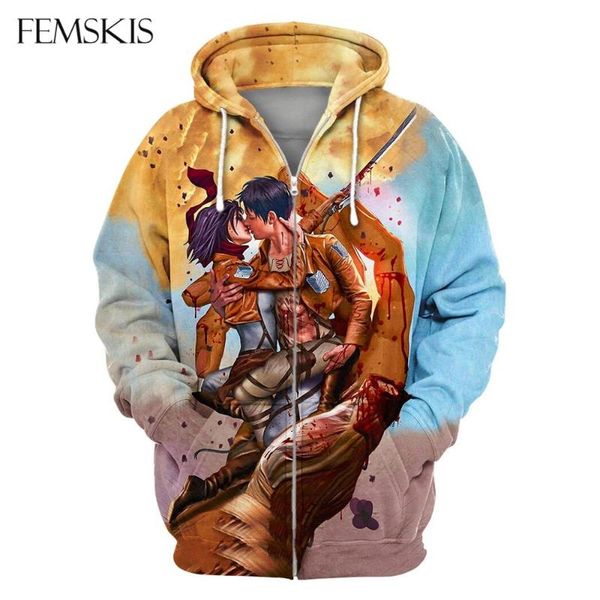 

femskis spring antumn zipper hoodies jackets anime attack on titan 3d printed hooded sweatshirts men women hoody clothes, Black
