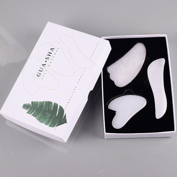 Face gua sha strumento con scatola regalo 3pcs set naturale giada bianca pietra guasa rasking massaggio strumento spa per agopuntura raschietto di bellezza kit di cura della pelle