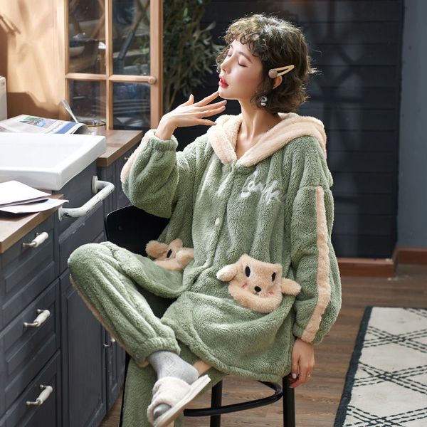 

high-end flannel nightgown womens autumn and winter cartoon-style warm thick coral fleece womens home wear-outer wear, Blue;gray