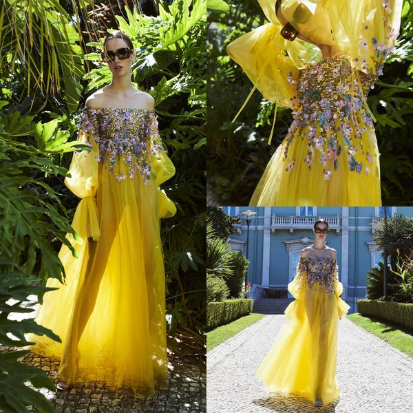 

2020 yellow prom dresses bateau neck lace 3d floral flowers beads sequins a line fairy evening gowns floor length special occasion gowns, Black