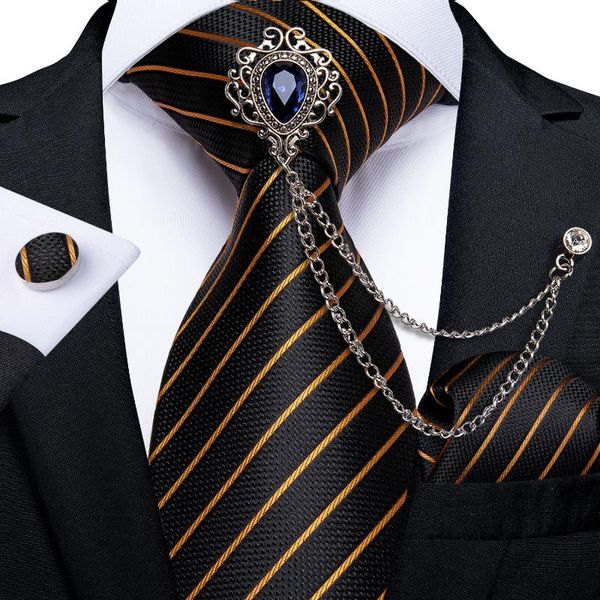 

new design fashion men tie pocket square brooch chain set 8cm wide silk necktie wedding party business ties for men dibangu, Black;gray