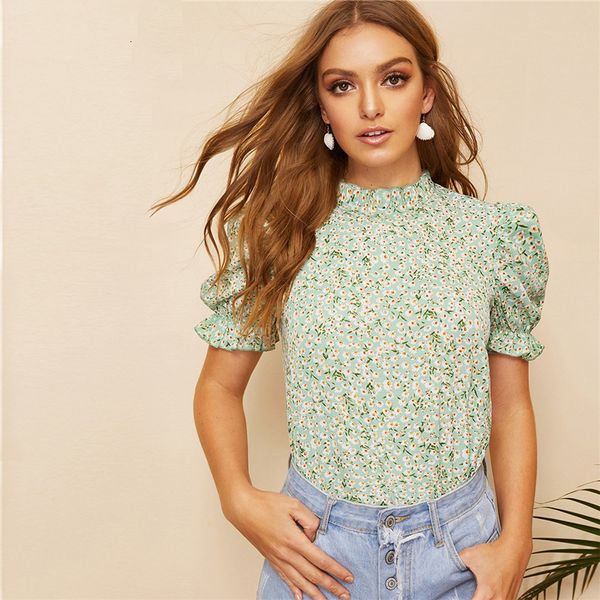 

women clothes womens blouses boho green ditsy floral frill neck keyhole back applique women summer elegant office lady and, White