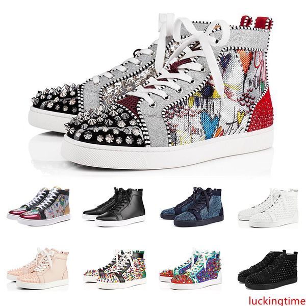 

2019 fashion luxury sneakers designer shoes s for men women high cut black white spikes genuine leather casual rivet sneaker