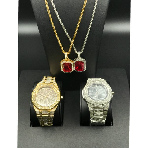 

hip hop men luxury iced out diamond watch & red ruby necklace combo set 2 gold diamond pendant set bling rapper men jewelry, Slivery;brown