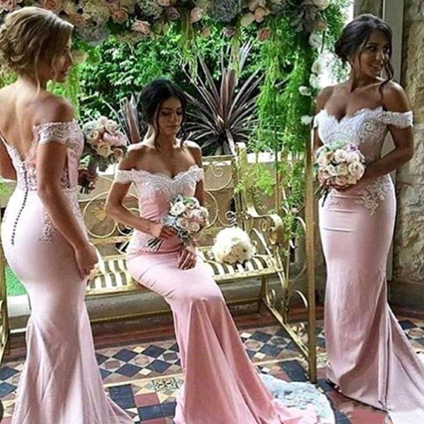 

amazing elegant pink off shoulder mermaid bridesmaid dresses lace backless maid of the honor dress with buttons, White;pink
