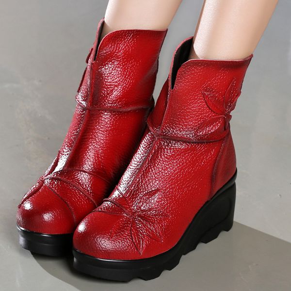 

ylqp platform boots women handmade genuine leather ankle boots ladies shoes soft retro wedges shoes for women 2020, Black