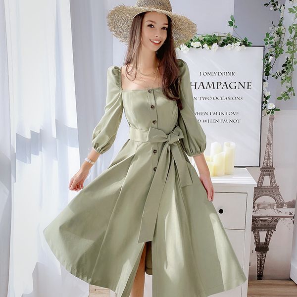 

dabuwawa elegant vintage women dress early autumn puff sleeve square neck ruffles pink dresses casual long dress dn1cdr053, Black;gray