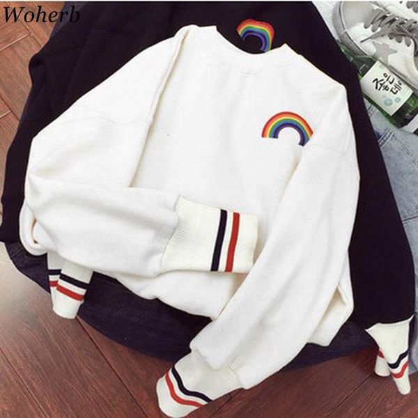 

korean 2019 girls kawaii sweatshirt rainbow print cute hoodies women autumn thin harajuku hoodie crewneck sweatshirts, Black