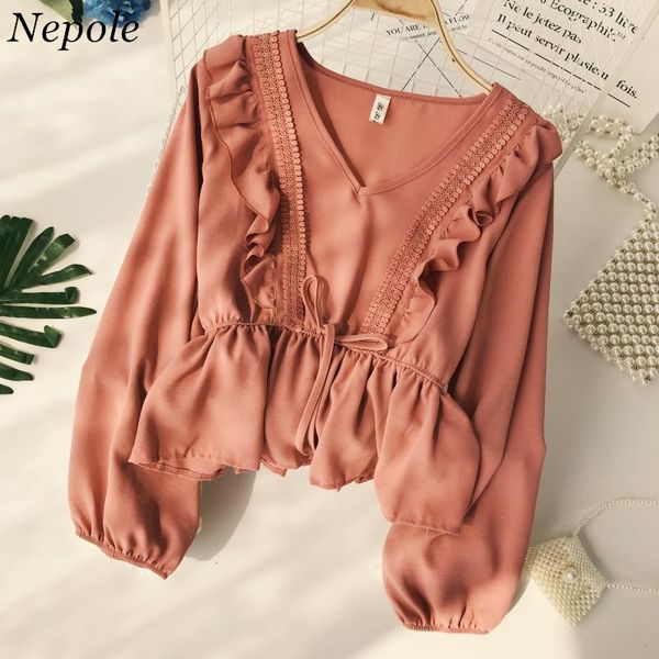 

neploe drawstring sash ruffles women blouse v-neck lace patchwork vintage blusa 2019 spring summer solid slim fashion lady, White