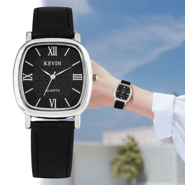 

kevin square quartz watch couple watches soft learher strap roman numerals dial buckle wristwatch for men women relojes pareja, Slivery;brown