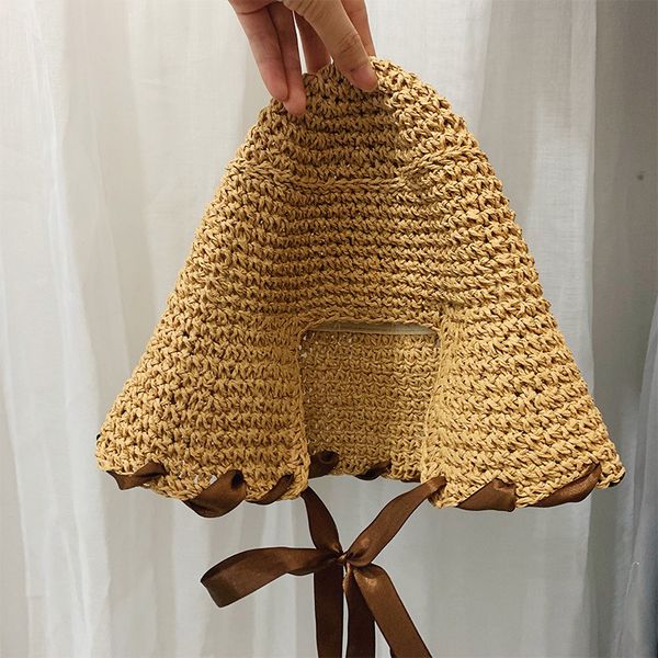 

handmade straw hat spring and summer new japanese ins collapsible loli wind ribbon laced straw hat travel sun hat