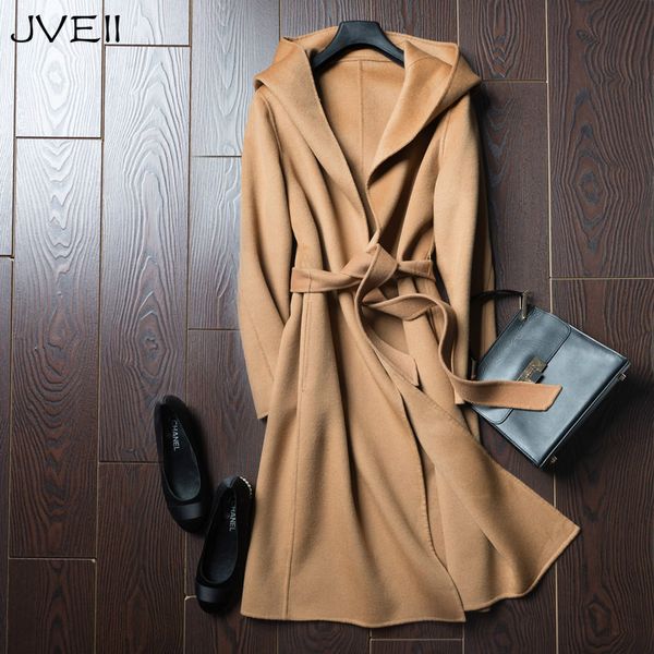 

2018 autumn winter pure wool coat it moman casual hooded cardigan handmade cashmere double-sided jacket long coat women, Black