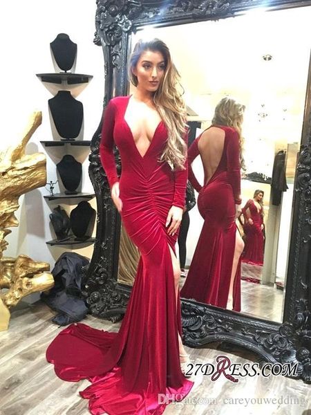 

2019 новый великолепный красный сексуальный глубокий v шеи русалка длинные вечерние платья спинки складки часовня поезд стрейч атласные вече, Black