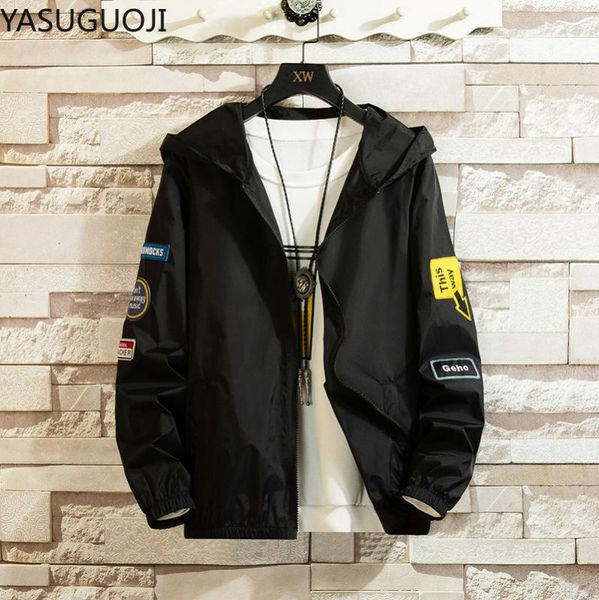 

yasuguoji new 2020 spring summer bomber jacket men casual solid windbreaker zipper thin hooded mens jackets and coats outwear, Black;brown