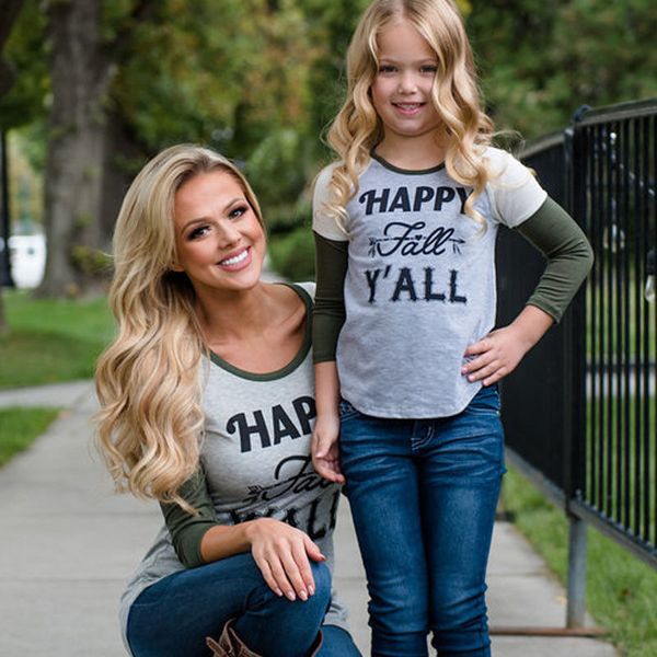 

семейная футболка мать и дочь соответствующая одежда женщины малыш девушка топ с длинным рукавом лето осень футболка основные наряды, Blue