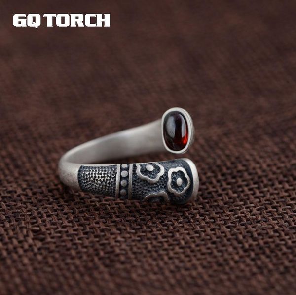 

gqtorch vitnage thai silver ring 925 sterling silver rings for women inlaid red garnet natural gemstone flower engraved grenat cj191205, Slivery;golden