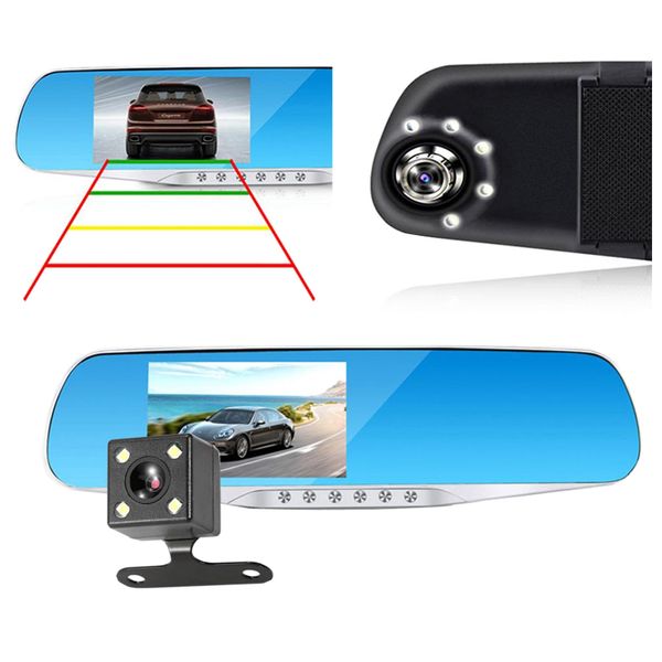 2-Kanal-Auto-DVR-Rückspiegel-Dashcam, 4,3 Zoll 1080P Full HD 170ﾰ Wide View Angle Night Vision Cycle Recording G-Sensor