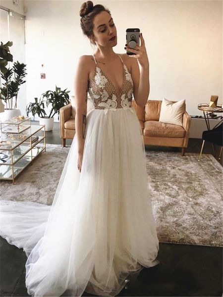 

spaghetti straps deep v neck wedding dresses nude lining lace soft tulle a line floor length bridal gowns vestidos de noiva, White
