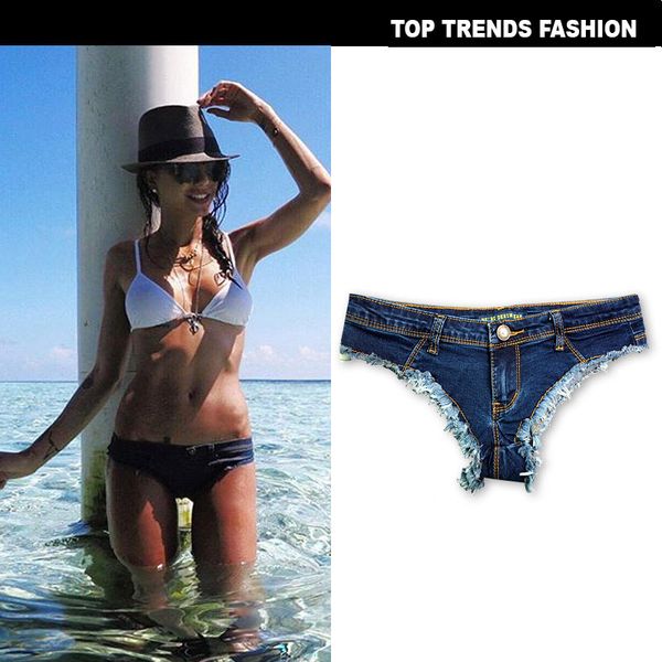 

lady european and american women's jeans ultra low waist stretch denim zipper briefs party girl exposed hips pants, Blue