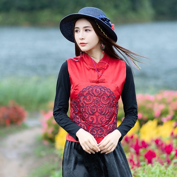 

white women vest sweater retro style embroidery jacket sleeveless ladies chinese qipao tang suit ethnic ta2171, Red