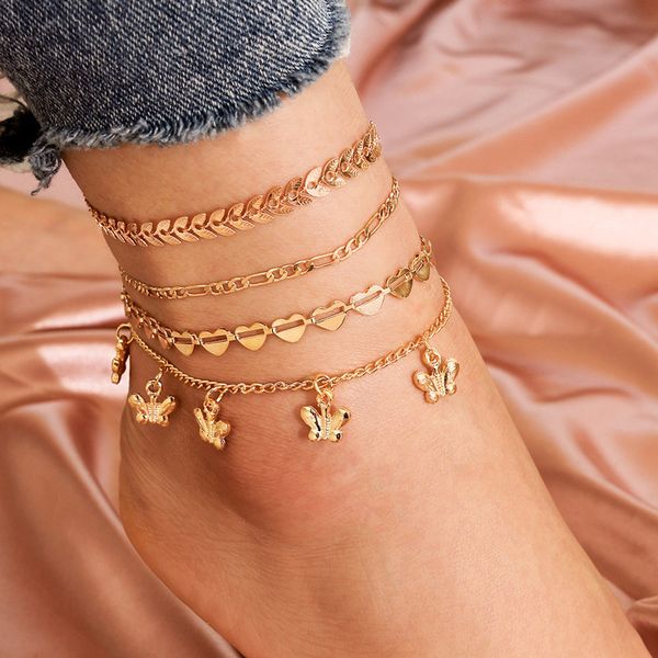 

4 pcs/set butterfly leaf arrows heart love anklet set fashion gold summer beach women anklets bracelet women foot jewelry gifts, Red;blue