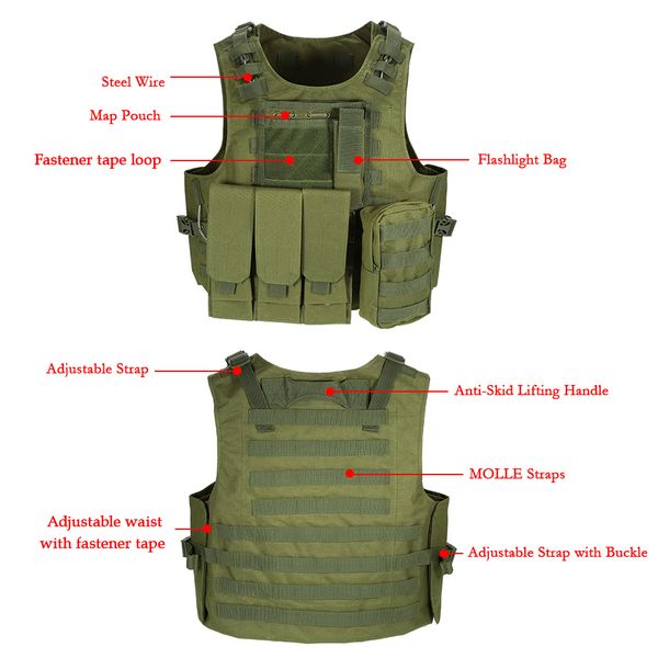 

outdoor military tactical vest molle vest modular gear carrier adjustable training gaming paintball assault vest, Black;green
