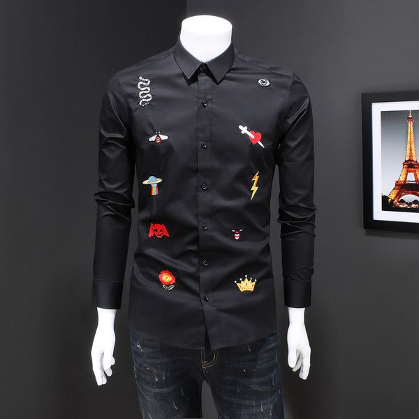 

2020 spring autumn long sleeve shirt lapel embroidery shirt casual fashion men's shirts luxury mens business casual shirt men dress shi, White;black