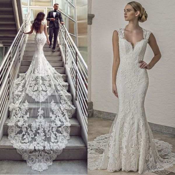 

luxury lace mermaid wedding dresses 2020 sweetheart cap sleeve backless long tail applique lace button back bride dress, White