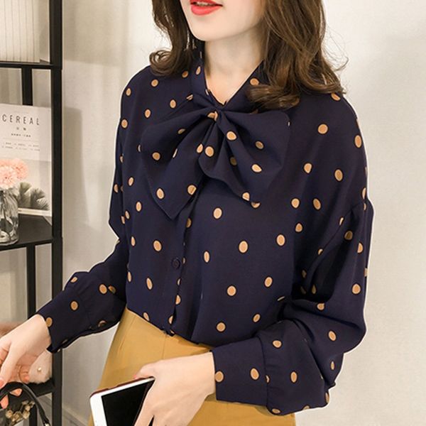 

casual o-neck long sleeves blouses chiffon polka dots bow shirt women rk, White