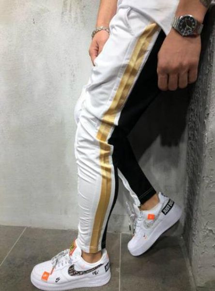 

men designer color matching pants muscle brothers hip hop pencil pants men's tether casual sweatpants, Black