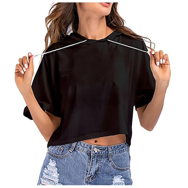 

women's t-shirt stylish hooded short shirts hip hop dancer sleeve solid fashion t-shirts casual camiseta mujer 2021 #30, White