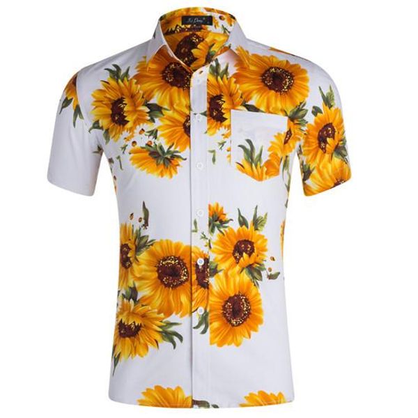 

fashion designer sunflower printed mens shirts short sleeved teenagers tees turn-down collar casual summer mens clothing, White;black